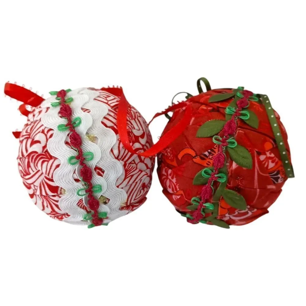 2 Folded Fabric Ornaments Balls Quilted Handmade Farmhouse‎ Cottage Vintage 90s.